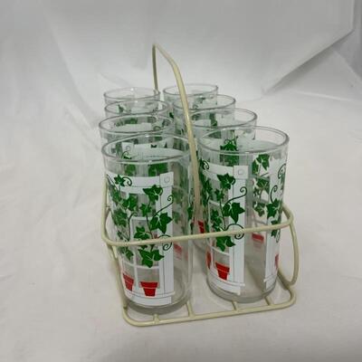 .319. VINTAGE | Anchor Hocking | 8 Ivy Glass Set | Caddy
