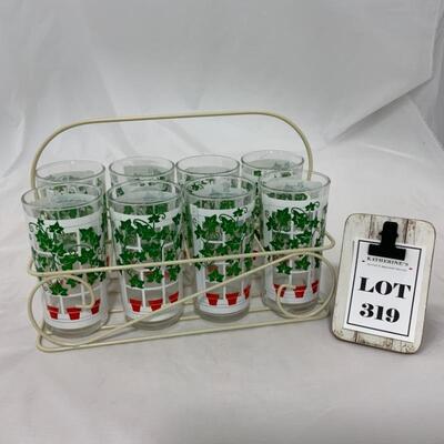 .319. VINTAGE | Anchor Hocking | 8 Ivy Glass Set | Caddy
