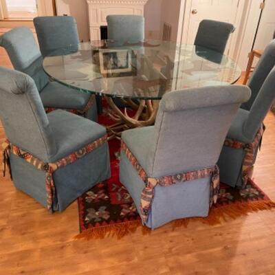 B453 Large Southwestern Antler Base Etched Glass top Table with 8 Parsons Chairs 