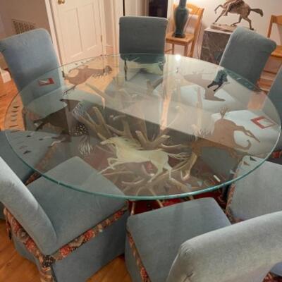 B453 Large Southwestern Antler Base Etched Glass top Table with 8 Parsons Chairs 