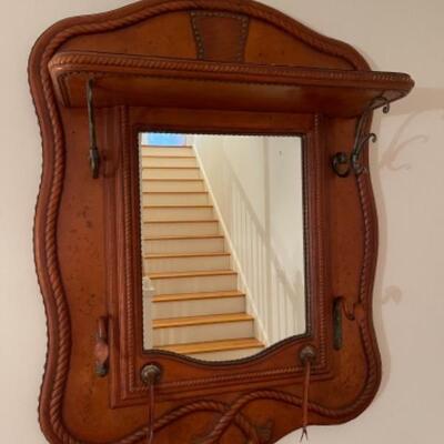 B457 Leather Studded Mirror with Wrought Iron Hooks 
