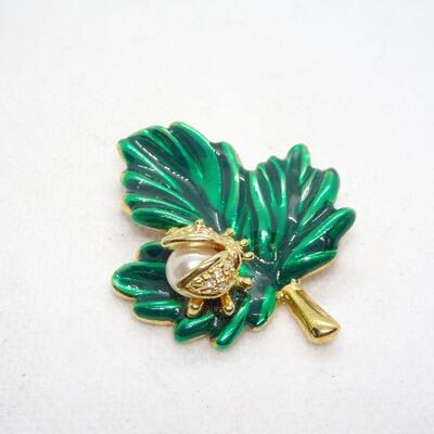 Gold Lady Bug on a Emerald Green Leaf Brooch 