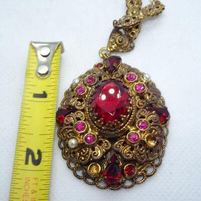 Art Nouveau Pendant Necklace, Filigree Red Rhinestones Czech Style 