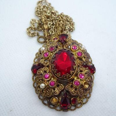 Art Nouveau Pendant Necklace, Filigree Red Rhinestones Czech Style 