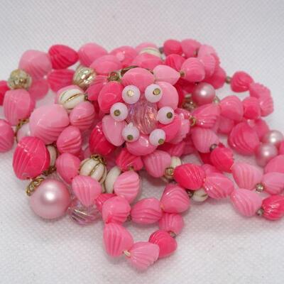 Pretty in Pink 3 Strand Mid Century Mod Plastic Beaded Necklace 