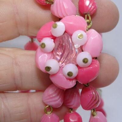 Pretty in Pink 3 Strand Mid Century Mod Plastic Beaded Necklace 
