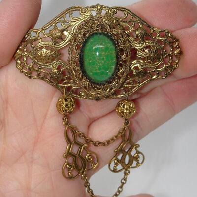 Victorian Filigree Collar Brooch, Green Stone - Beautiful! - Reserve 