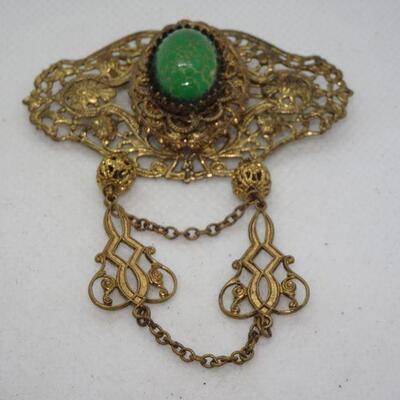 Victorian Filigree Collar Brooch, Green Stone - Beautiful! - Reserve 