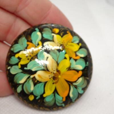 Gorgeous Yellow Flowered Russian Hand Painted Brooch 