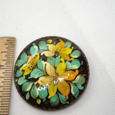 Gorgeous Yellow Flowered Russian Hand Painted Brooch 
