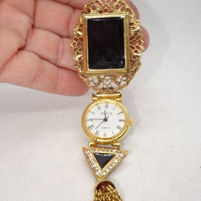 1980's Art Deco Style Geneva Collar Brooch Watch, Enamel & Gold Tone, Fringe 