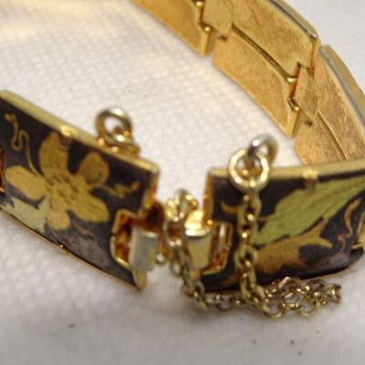 Engraved Gold Tone Link Cuff Bracelet