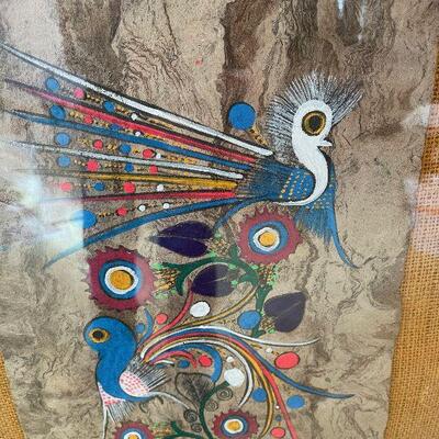 #42 Framed Mexican Painted on Leather or Bark Folk ART 
