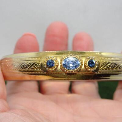 Gold Tone Blue Rhinestone Bangle Bracelet 