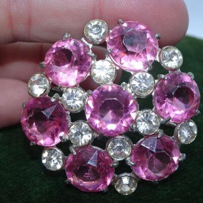 Spectacular Pink & Clear Rhinestone Brooch, Victorian Style 