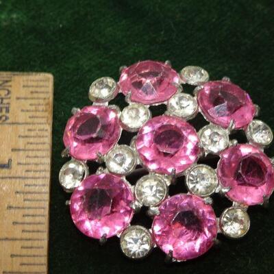 Spectacular Pink & Clear Rhinestone Brooch, Victorian Style 