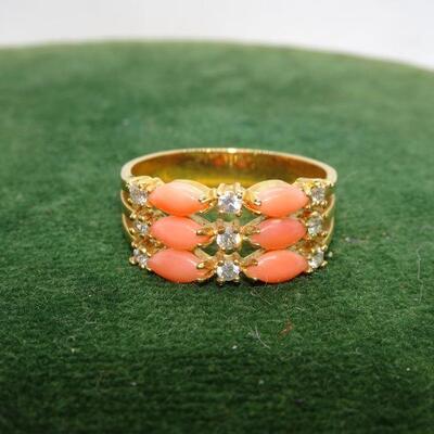 Gold Tone Coral & Rhinestone Ring