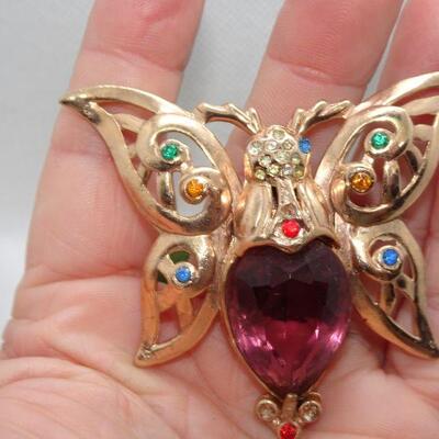 Large Butterfly Pendant, Amethyst Colored Stone, Gold Tone 