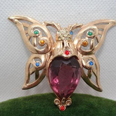 Large Butterfly Pendant, Amethyst Colored Stone, Gold Tone 
