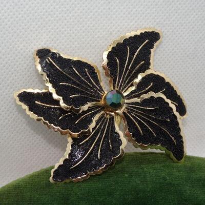 Beautiful Black Orchid Flower Pin, Signed Germany - Opalescent Center Rhinestone Brooch 