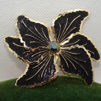 Beautiful Black Orchid Flower Pin, Signed Germany - Opalescent Center Rhinestone Brooch 