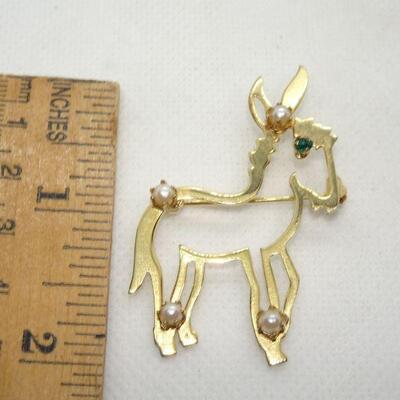 Gold Tone Pearl & Emerald Donkey Pin, Political Brooch 
