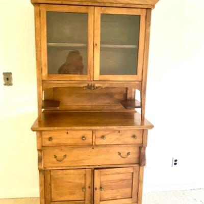 Antique Victorian Primitive Oak  Server Raised Cupboard w Glass Doors