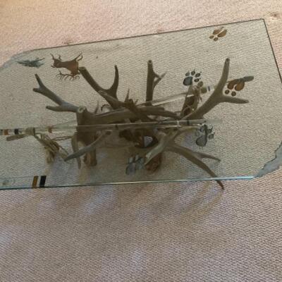 B473 Beautiful Etched Glass Top Antler Base Coffee table 