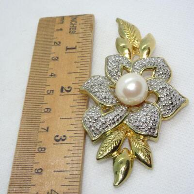 Gold & Silver Tone Flower Pearl Brooch 