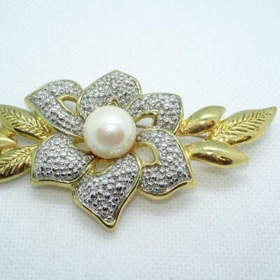 Gold & Silver Tone Flower Pearl Brooch 