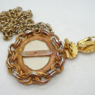 Hand Painted Yellow Rose Porcelain Cameo Style Pendant & Matching Earring Set 