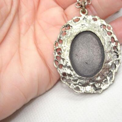 Sweet Victorian Lady Cameo Necklace, Silver Tone Rhinestone 