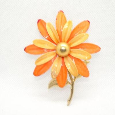 Metal Orange & Tan Flower Pin - Wedding Bouquet Jewelry 