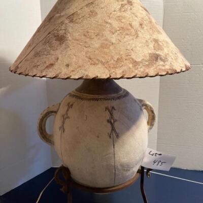 B485 Two Handled Pottery Jug Lamp with Iron Stand 