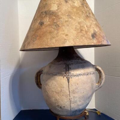 B487 Two handled Pottery Jug Lamp with Iron Base 