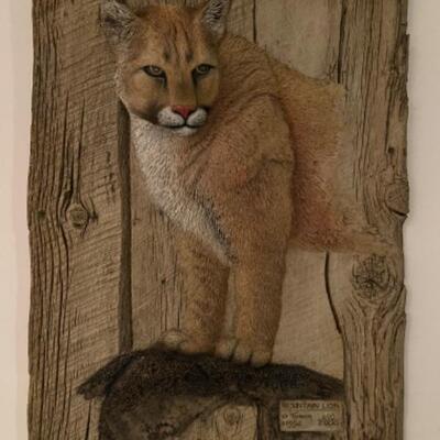 B491 Signed and Numbered Relief Sculpture of Mountain Lion by G.Turner 