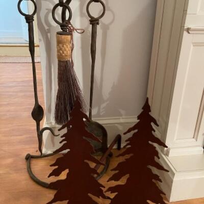 B538 Hand Forged Fireplace Tools with Aspen Tree Andirons 
