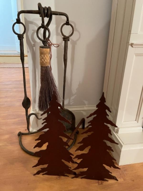 B538 Hand Fireplace Tools with Aspen Tree Andirons