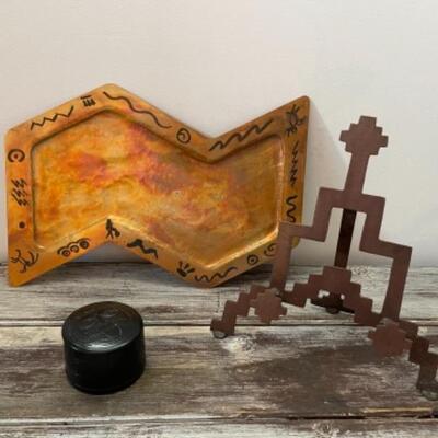 B556 Signed Copper Tray with Zani Pictograph Art 