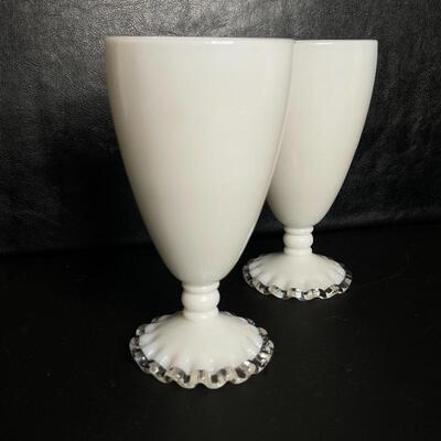 B-Pair of White Silver Crest Fenton Footed Tumblers