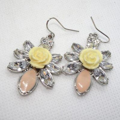 Rhinestone & Rose Dangle Earrings, Springtime 