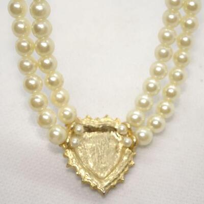 Victorian Rhinestone Pearl Heart Double Strand Necklace 