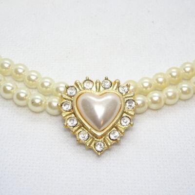 Victorian Rhinestone Pearl Heart Double Strand Necklace 