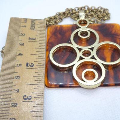 Large 1970's Medallion Pendant Necklace, Plastic Faux Tortoise Shell