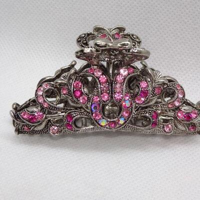 Silver & Pink Rhinestone Victorian Style Hair Clip 