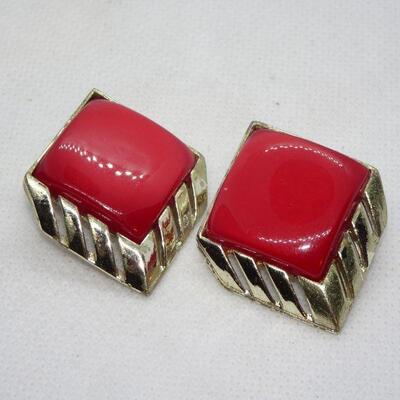 Thermoplastic Red & Gold Tone Clip Earrings MCM