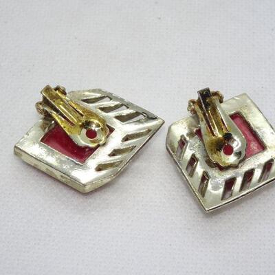 Thermoplastic Red & Gold Tone Clip Earrings MCM