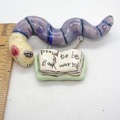 Cute Ceramic Book Worm Pin 