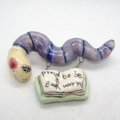 Cute Ceramic Book Worm Pin 