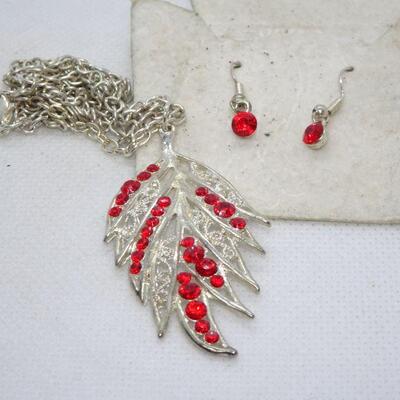 Silver Tone Red Rhinestone Necklace & Earring Set 